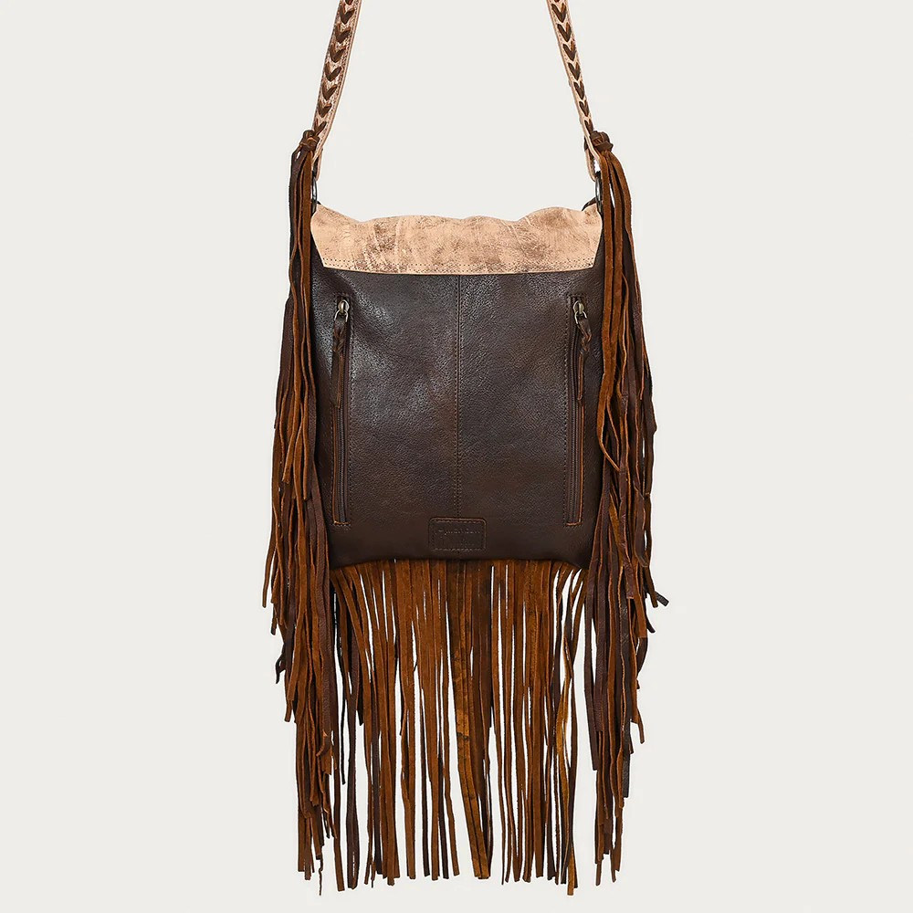 American Darling Western Boho Leather Fringe Messenger Bag - Distressed Flap with Hand-Laced Detailing-Conceal Carry