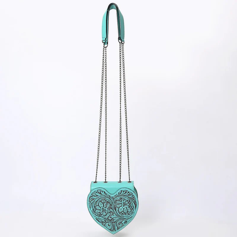 American Darling Heart-Shaped Hand-Tooled Leather Crossbody Canteen Bag with Chain Strap- turqouise
