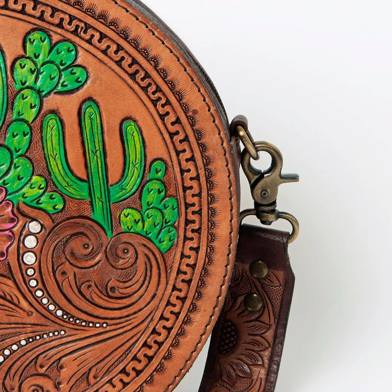 American Darling Hand Tooled Genuine Leather Floral Carved Cross body Canteen Bag- Sunrise over the Desert