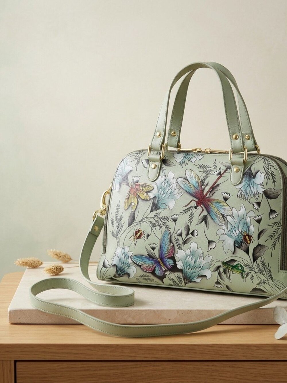 Anuschka Hand painted Meadow Dragonfly Satchel