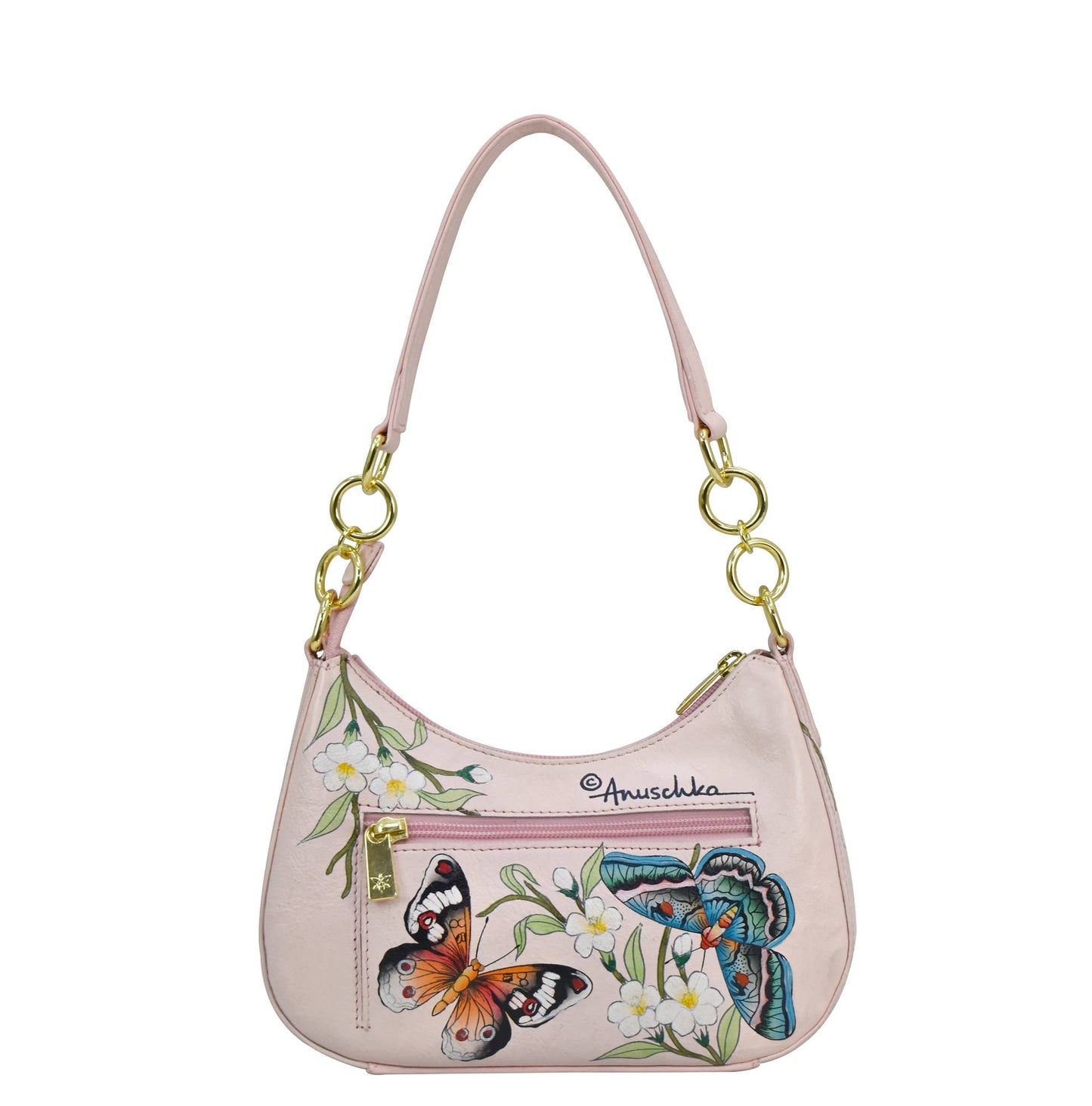 Anuschka Hand-Painted Leather Small Convertible Hobo - 701-dusty pink with butterfly