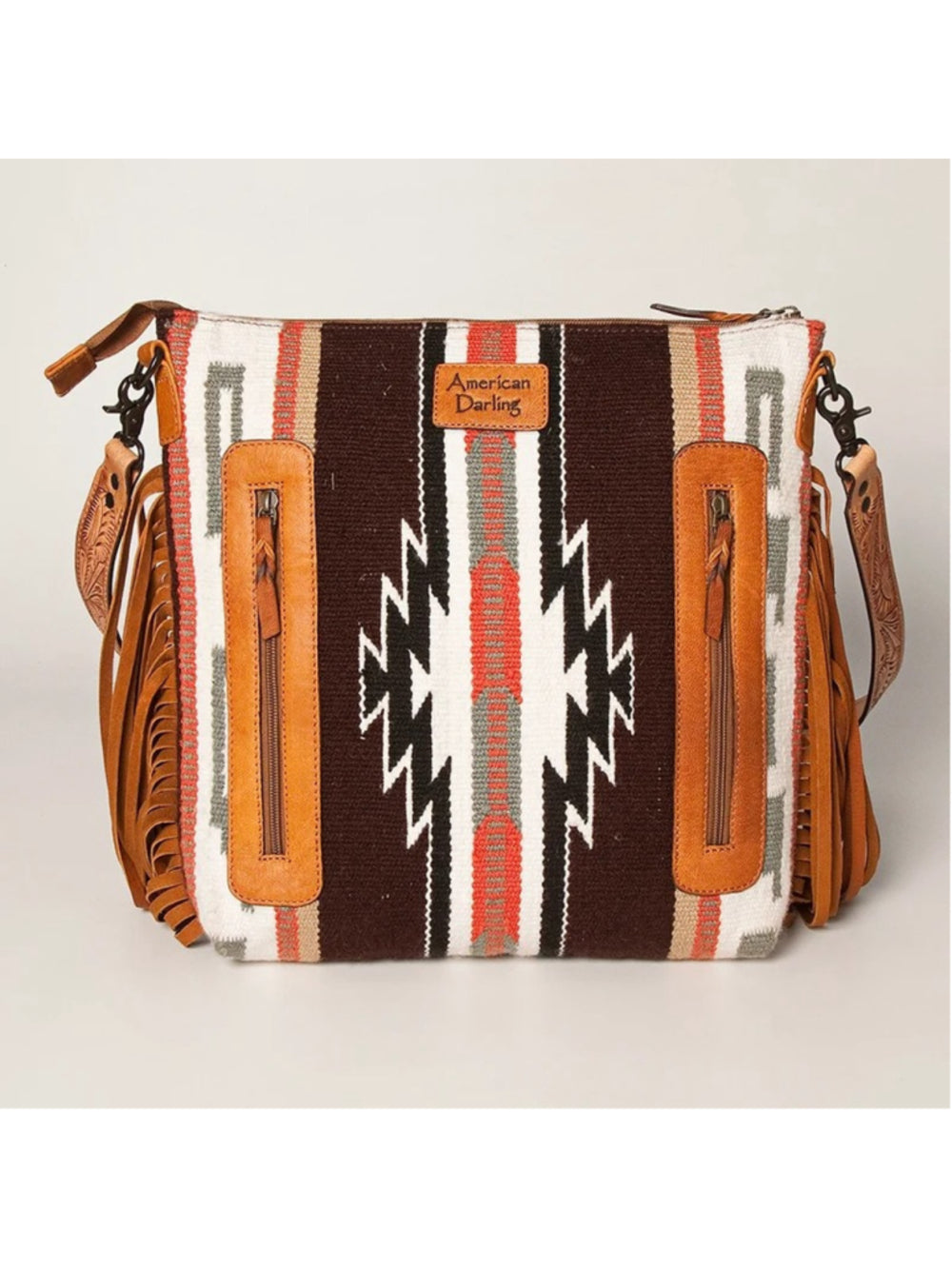 American Desert Bloom Brown and Coral Saddle Blanket Fringe Crossbody