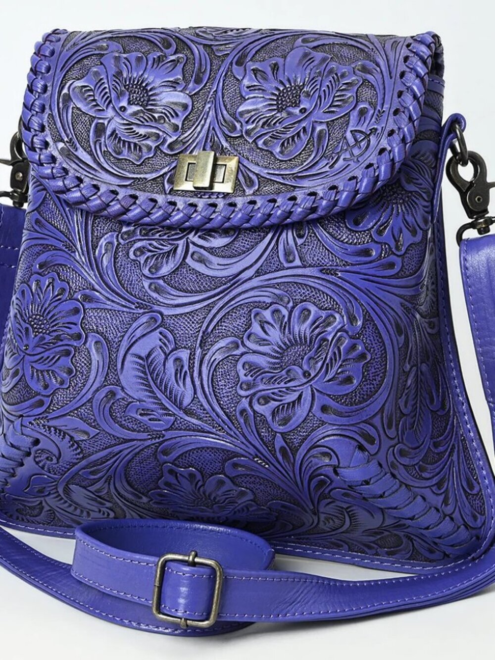 American Darling Hand-Tooled Floral Purple Leather Crossbody Bag |