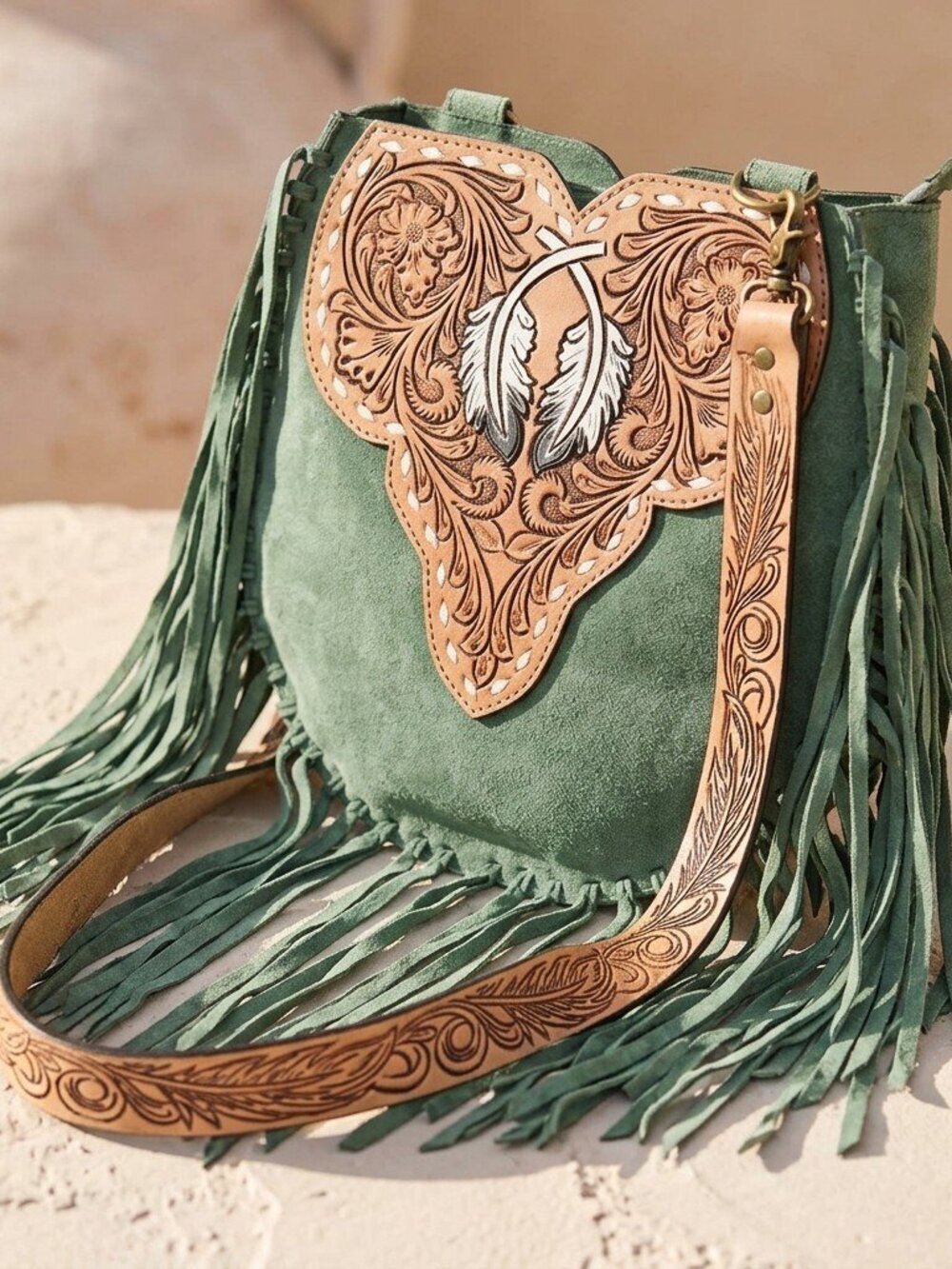 American Darling Sagebrush Boho Fringe Feather Crossbody Bag