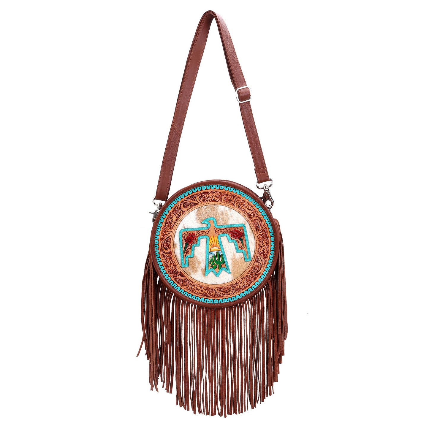 Leather Cowhide Western Hand Tooled Women's Round Crossbody Brown and White
