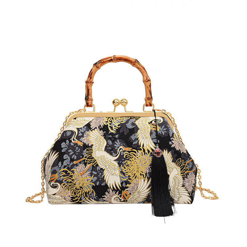 The Red -crowned Crane Retro inspired kisslock Style Embroidered Clutch Bag