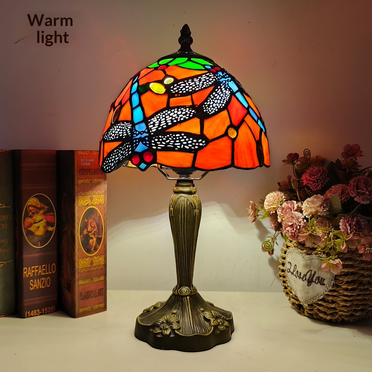 Stained Glass Bedroom Red Dragonfly Flower Study Table Lamp