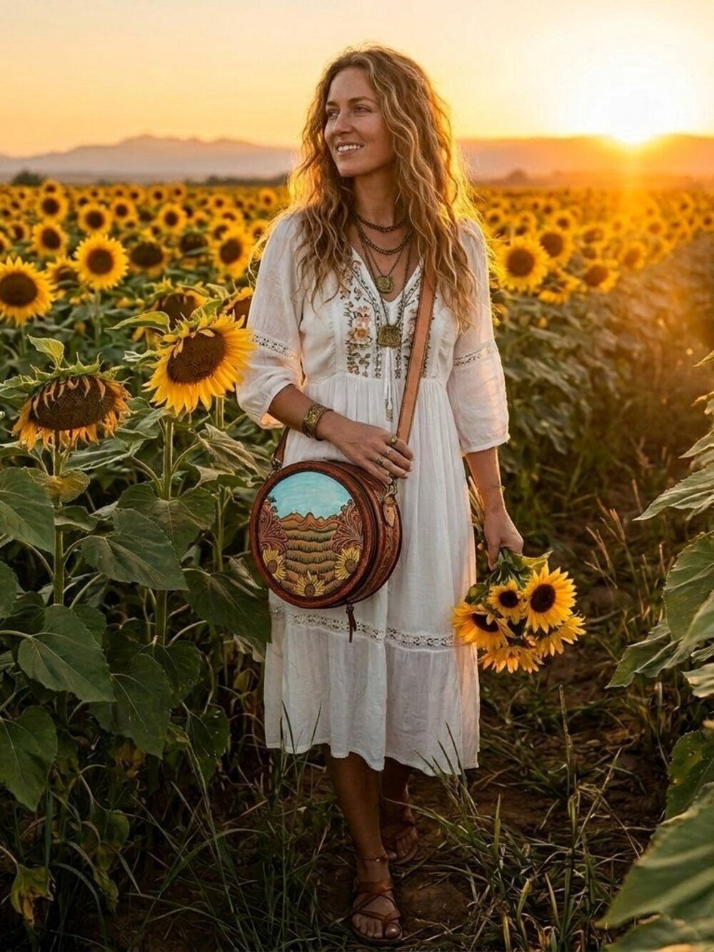 Sunset Sunflower Prairie Leather Canteen Crossbody