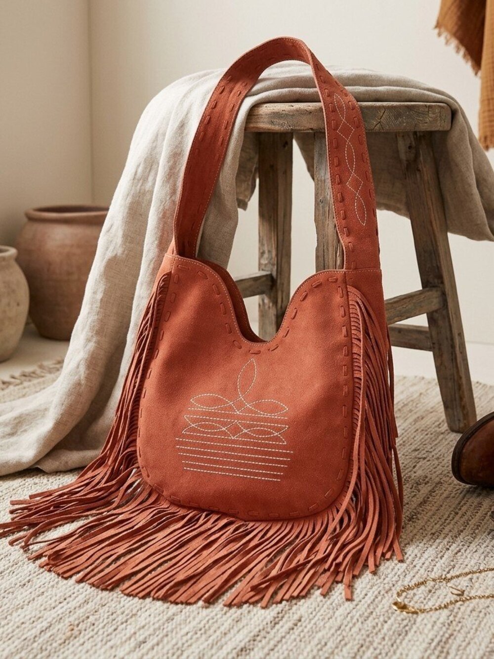 American Darling Peaches and Cream Desert Fringe Suede Crossbody Hobo