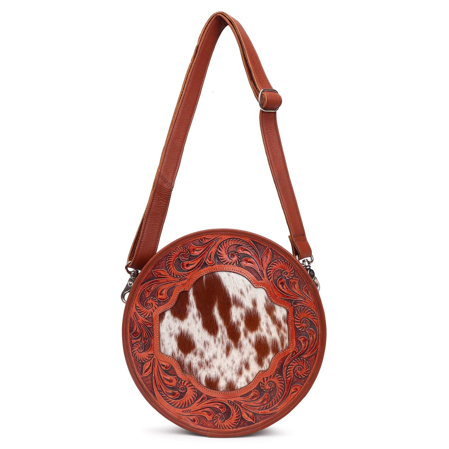 Leather Cowhide Western Hand Tooled Women's Round Crossbody Brown and White