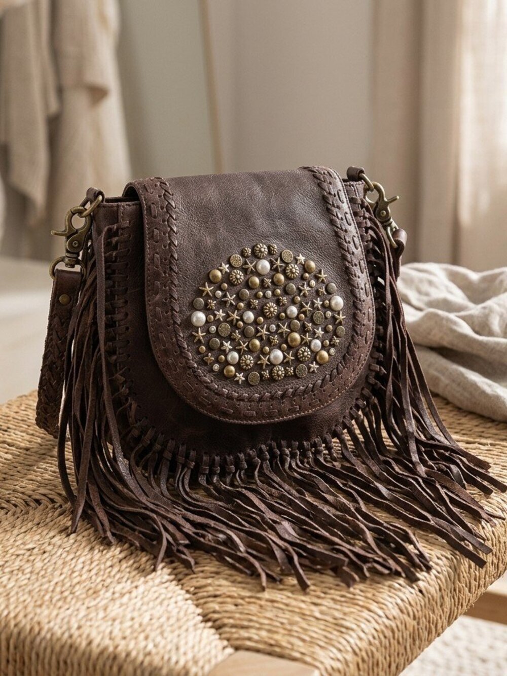 Boho Rivet Fringe Crossbody Bag-Luna Belle Studded Leather Bag in Mocha