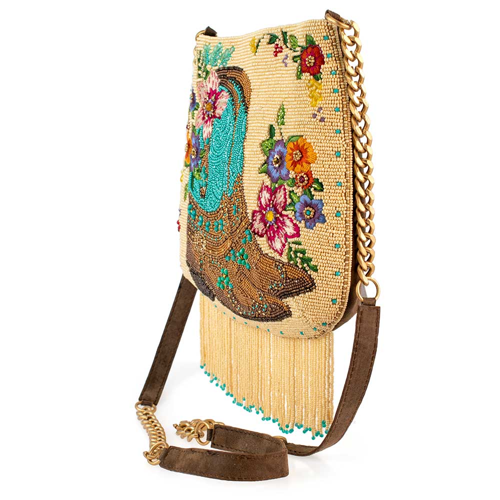 Mary Frances Line Dance Beaded Cowboy Boots and Flowers Crossbody Handbag