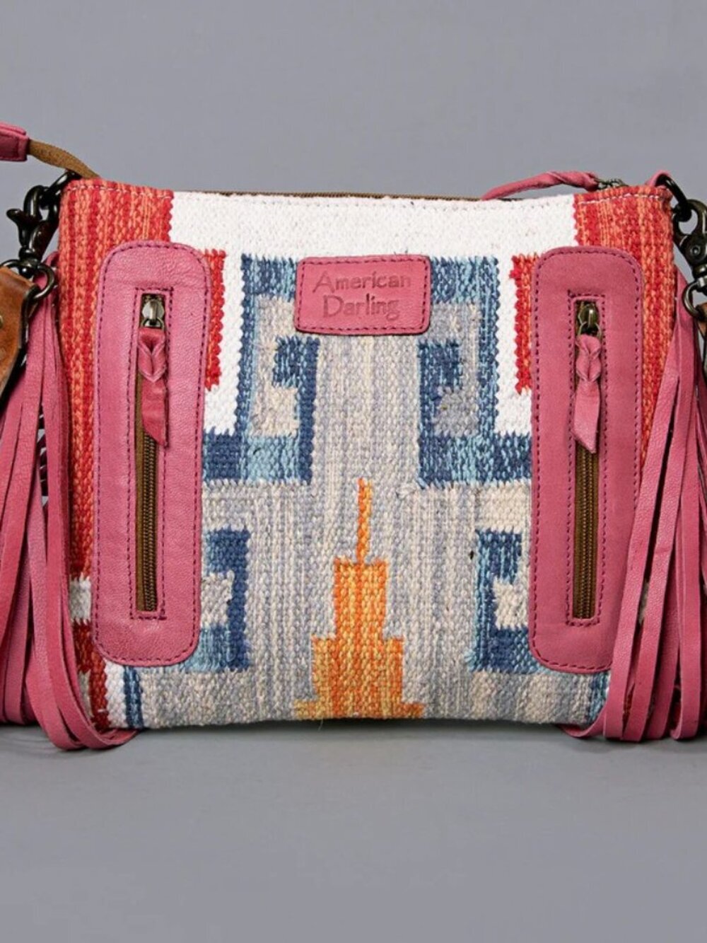 American Darling Boho Saddle Blanket Crossbody- Pink and Blue