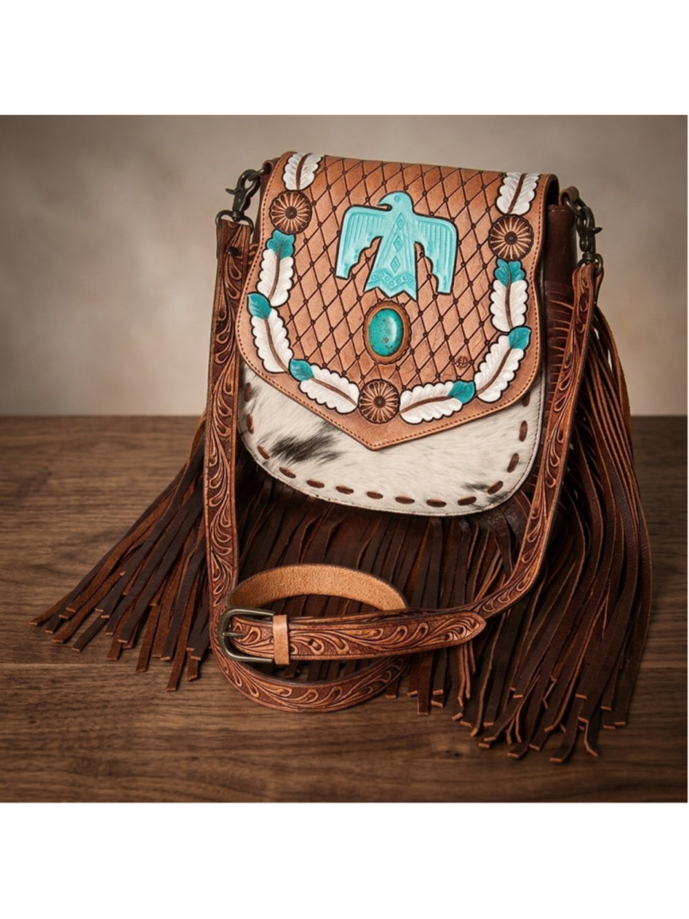 American Darling Turquoise Thunderbird Ridge Fringe Concho Crossbody