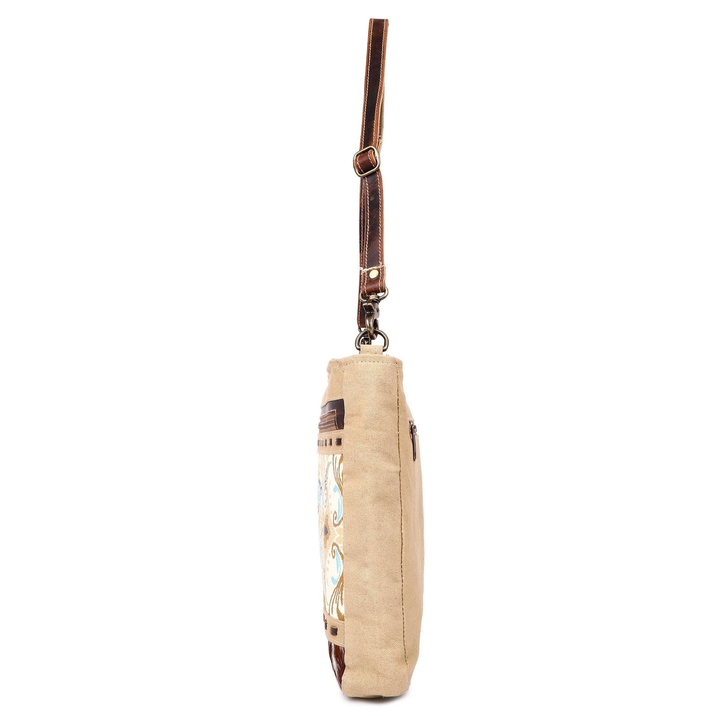 Canvas Cowhide & Leather Women Shoulder Bag - Khaki