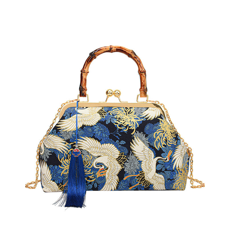 The Red -crowned Crane Retro inspired kisslock Style Embroidered Clutch Bag