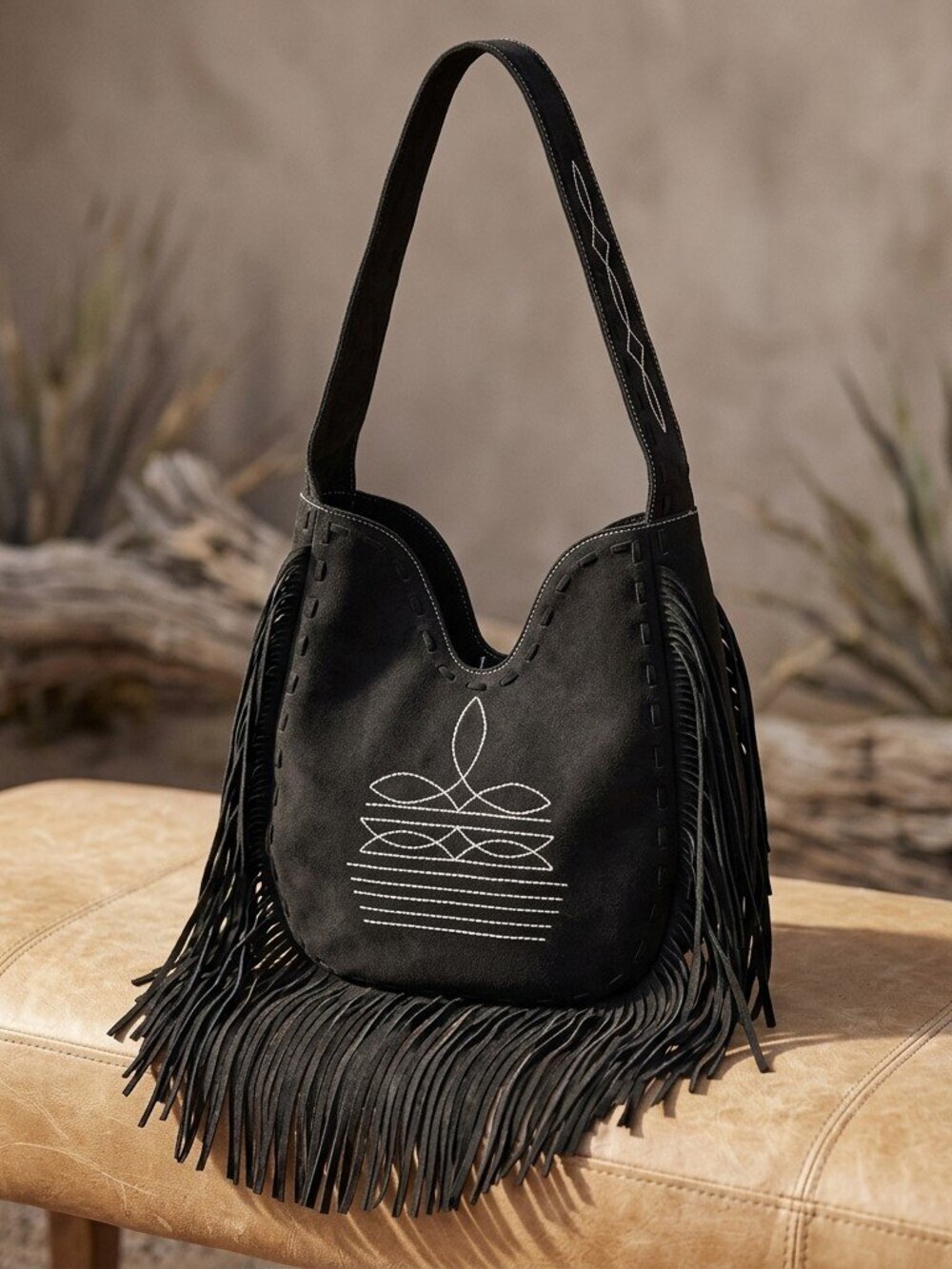 American Darling Black Boho Fringe Western Crossbody Hobo Bag
