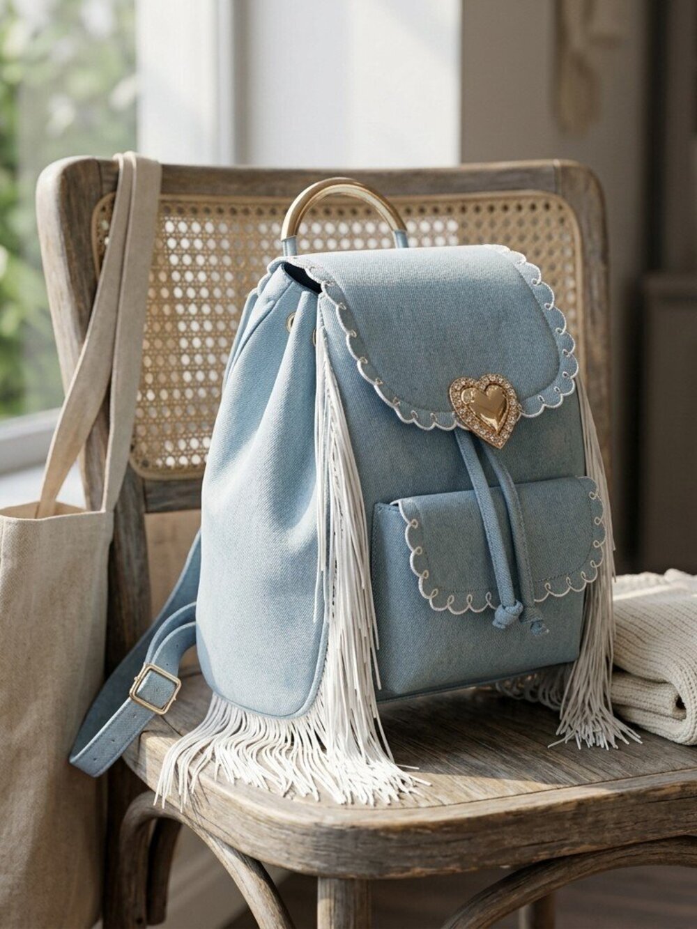 Seaside Sweetheart Fringe Backpack Denim