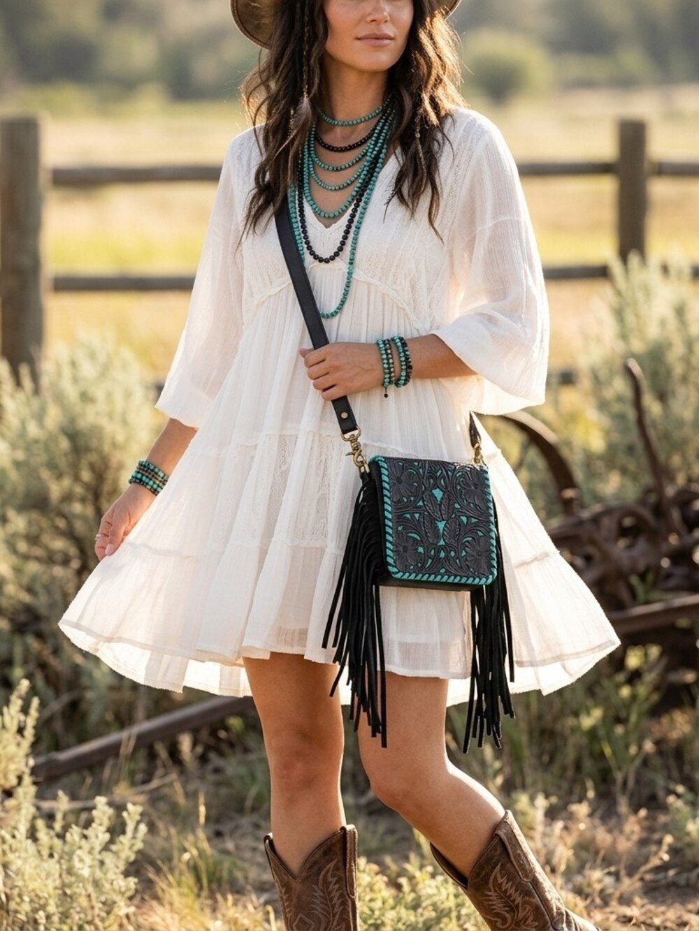 Turquoise at Midnight Boho Fringe Floral Crossbody