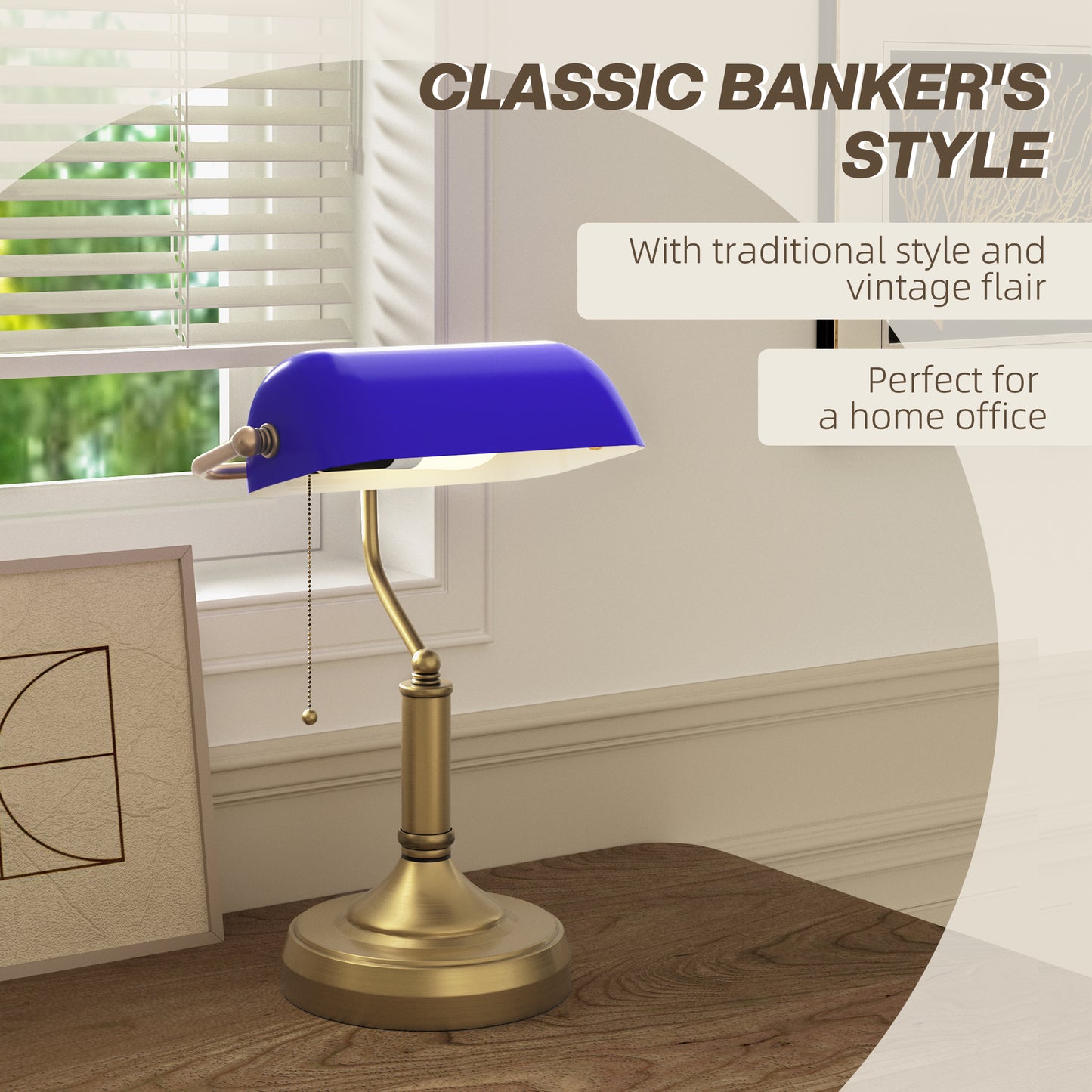 Banker's Desk Lamp With Antique Bronze Tone Base, Table Lamp With Blue Glass Shade For Home Office, Blue