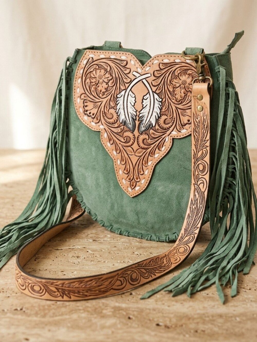 American Darling Sagebrush Boho Fringe Feather Crossbody Bag
