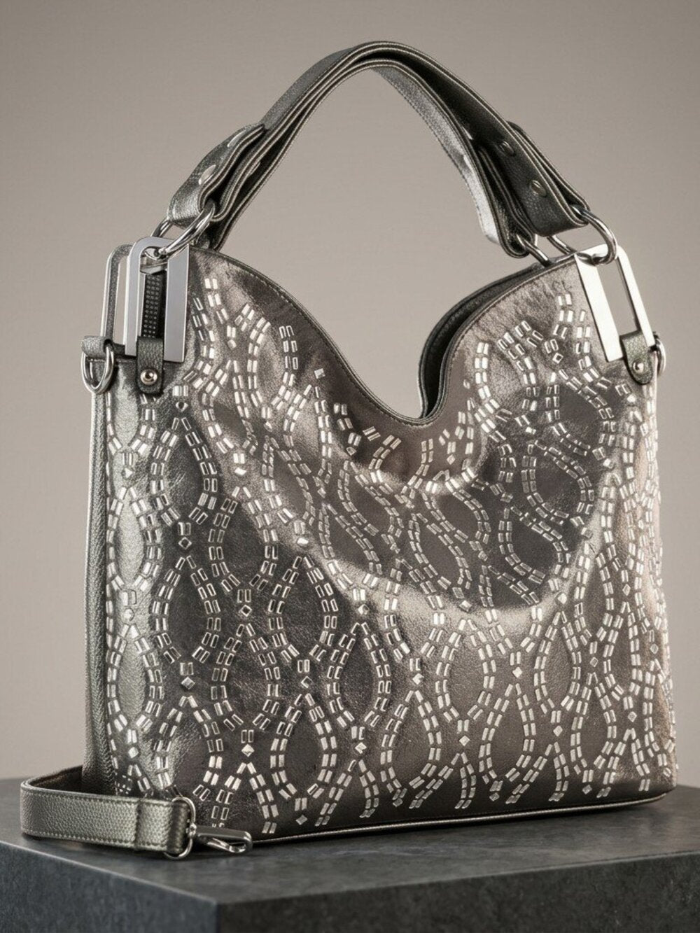 Pewter Mosaic Luxe Shoulder Bag with rhinestone details
