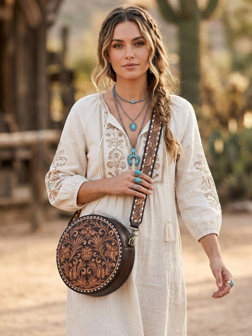 American Darling Boho Tooled Leather Canteen Crossbody Bag