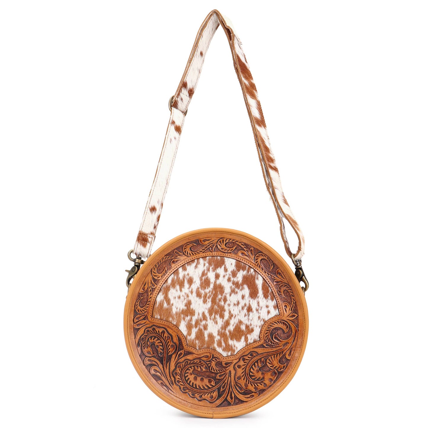 Leather Cowhide Western Hand Tooled Women's Round Crossbody Brown and White