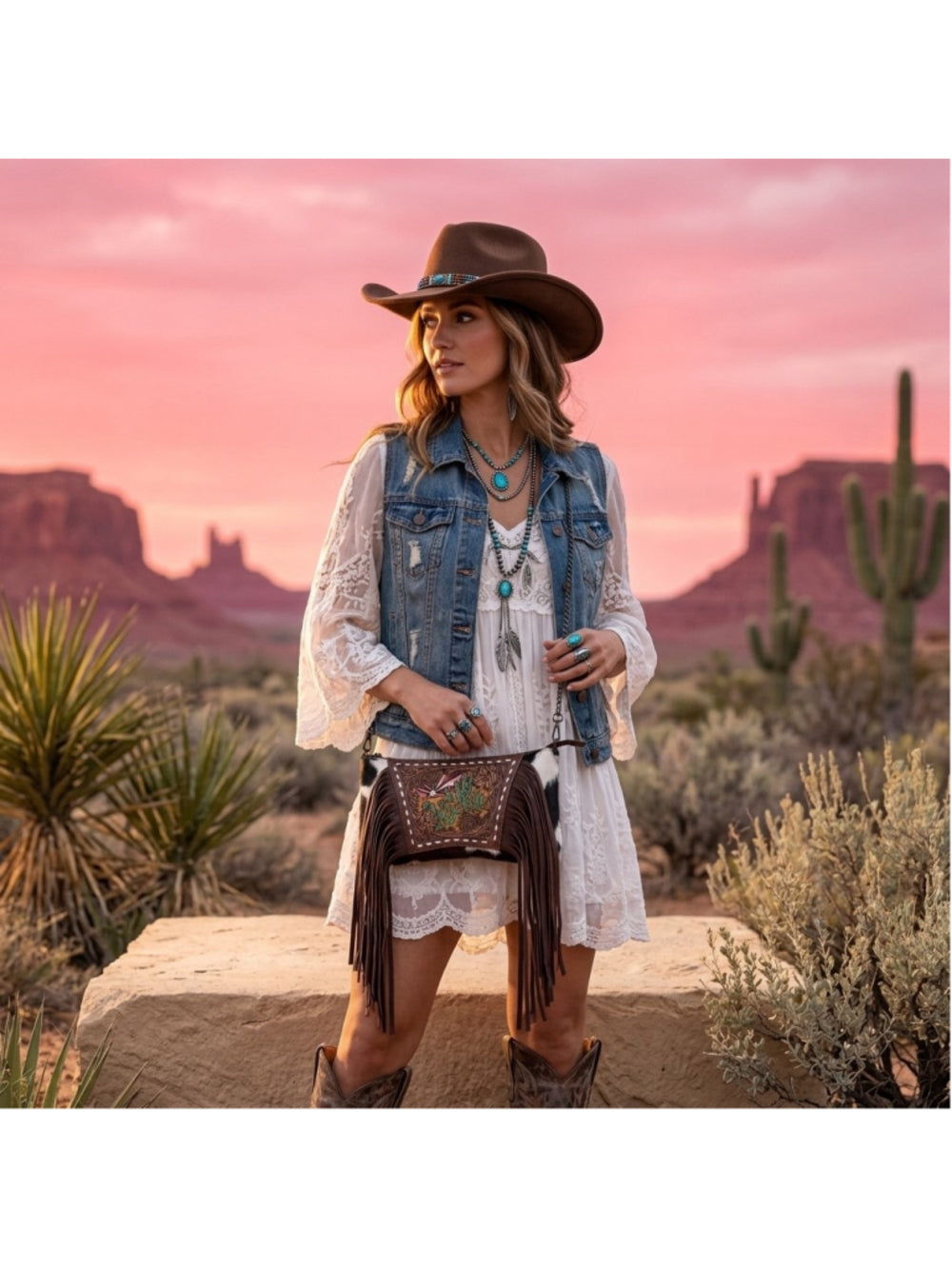 American Darling Pink Desert Sunset Southwest Fringe Crossbody Bag