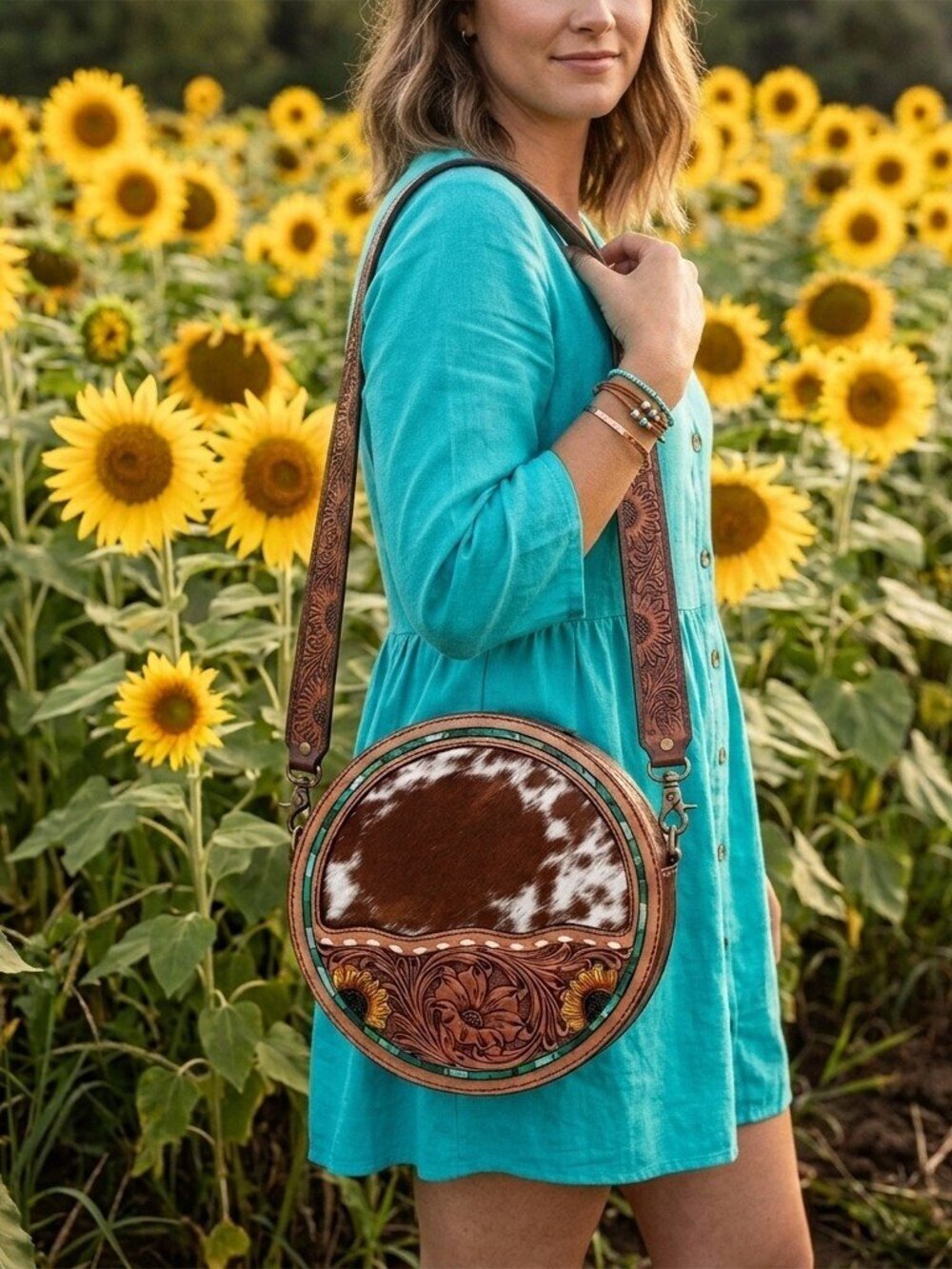 American Darling Sunflower Tooled Crossbody Canteen Bag