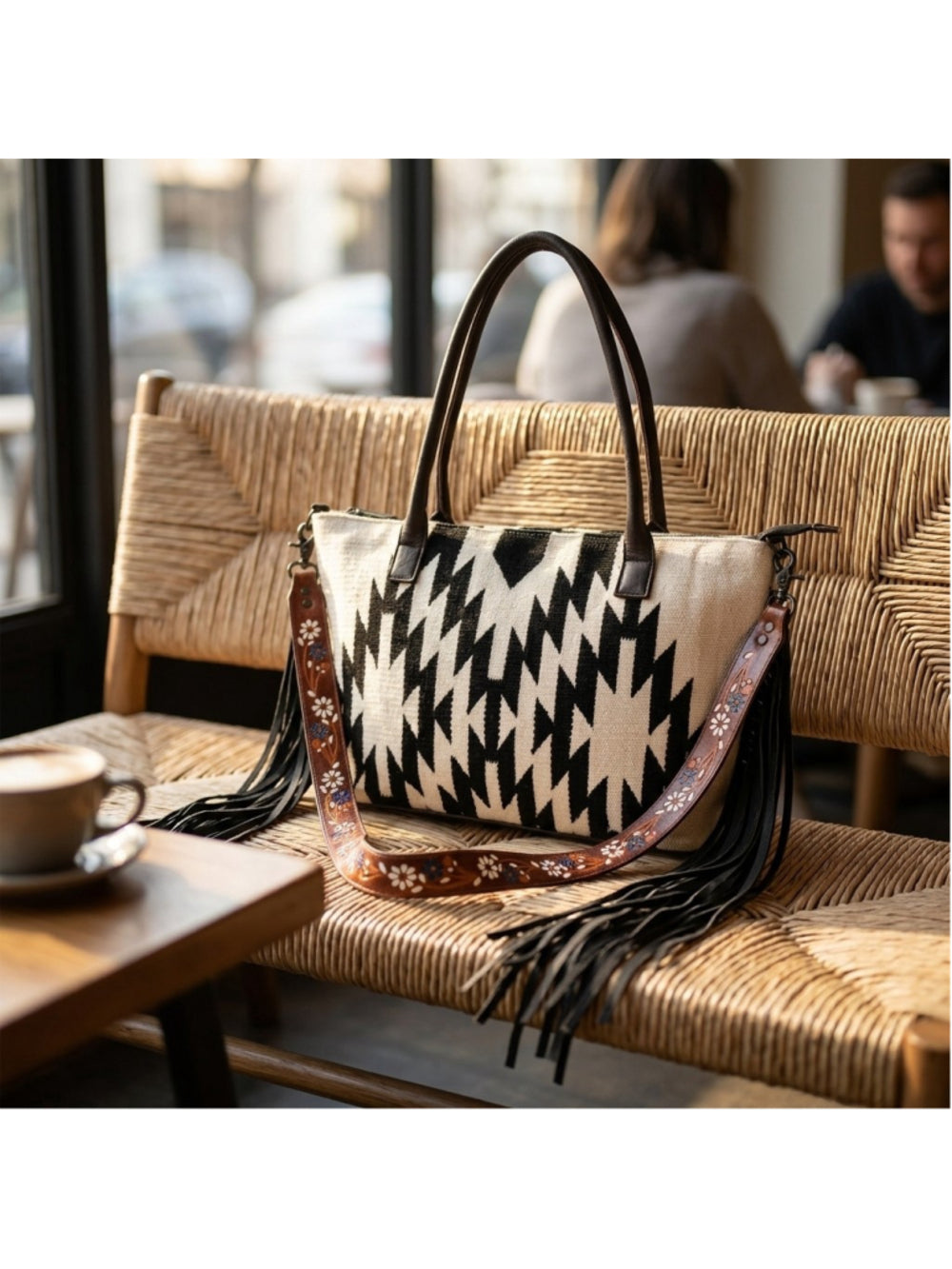 American Darling Boho wild Aztec Fringe Black and white 2 in 1 Satchel Crossbody