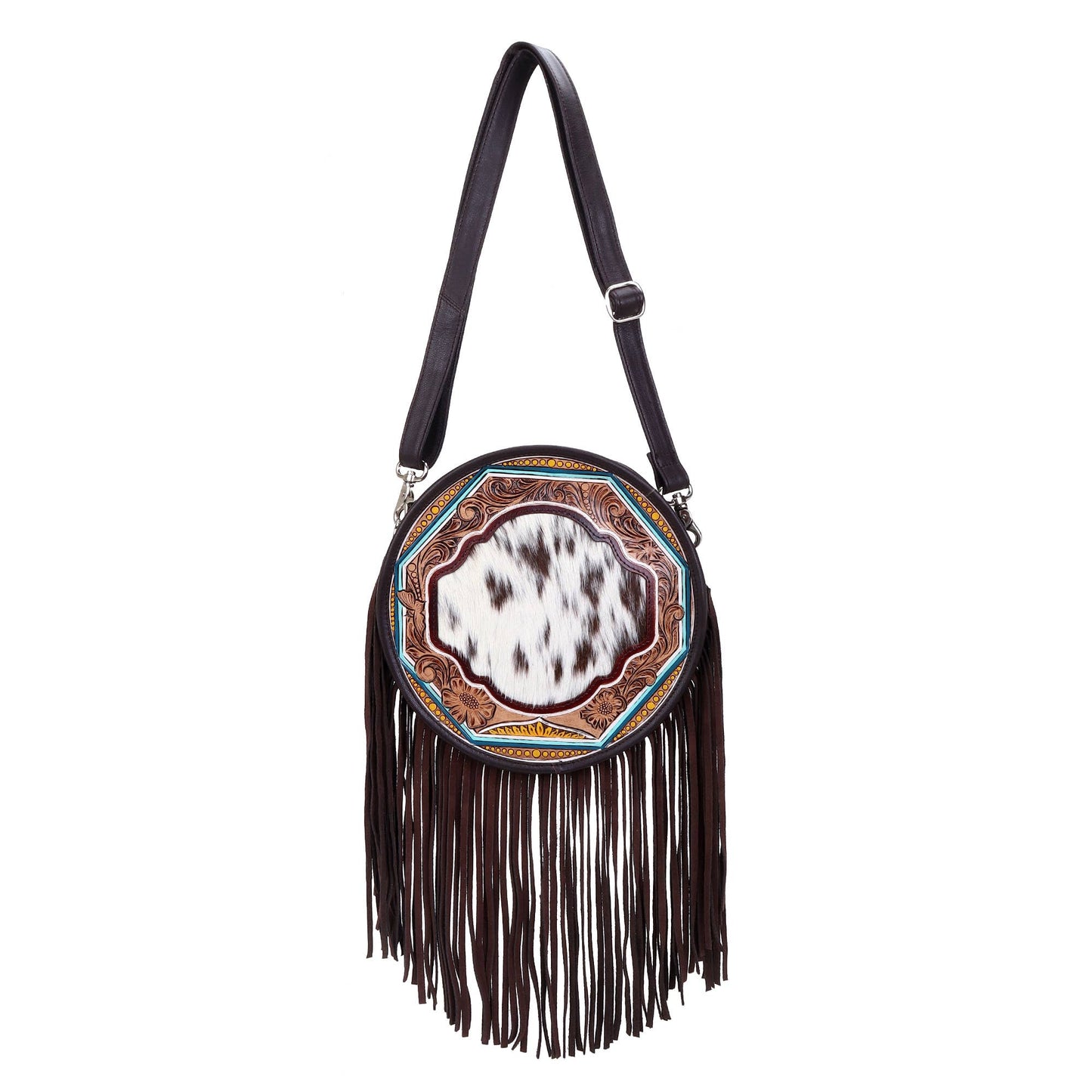 Leather Cowhide Western Hand Tooled Women's Round Crossbody Brown and White