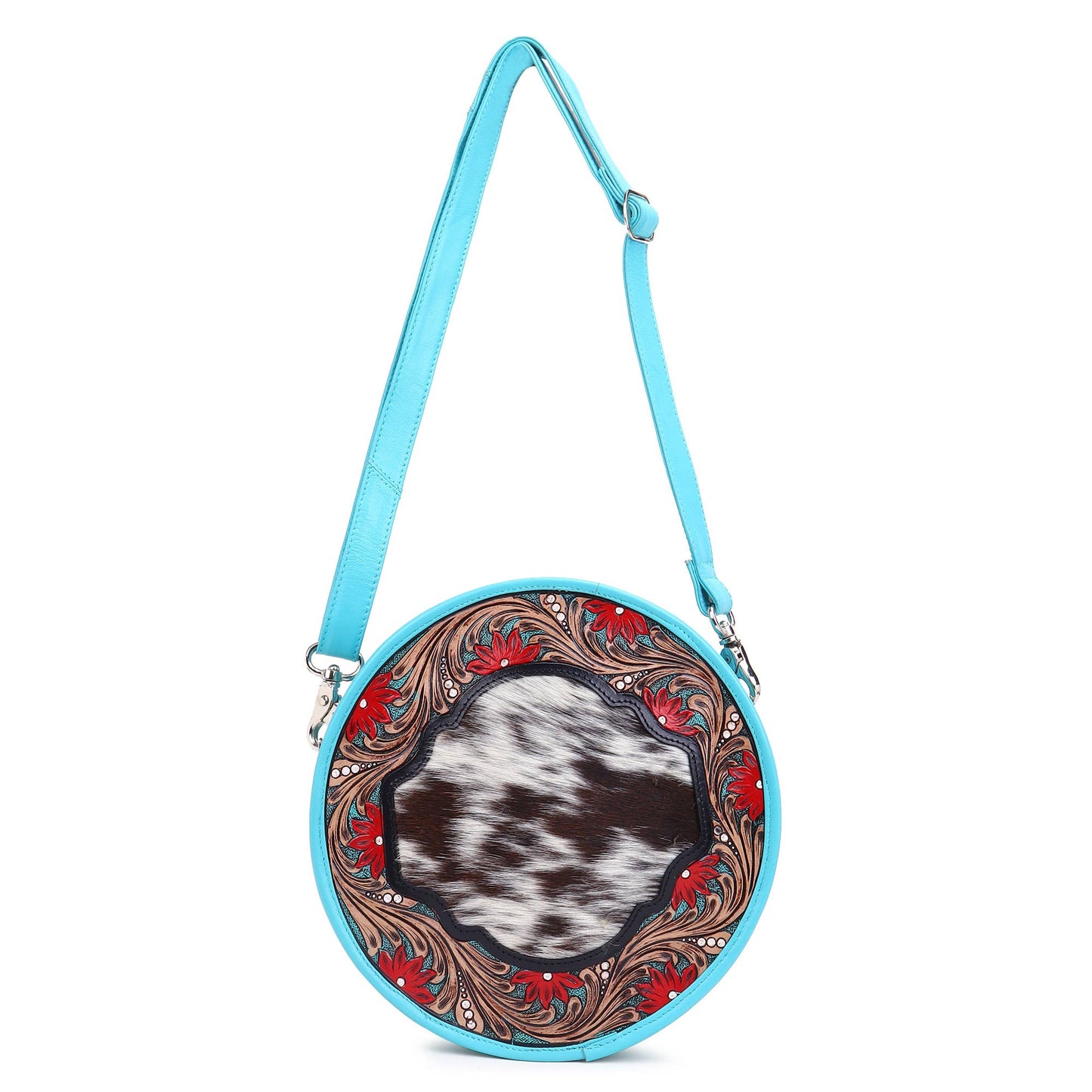 Leather Cowhide Western Hand Tooled Women's Round Crossbody Brown and White
