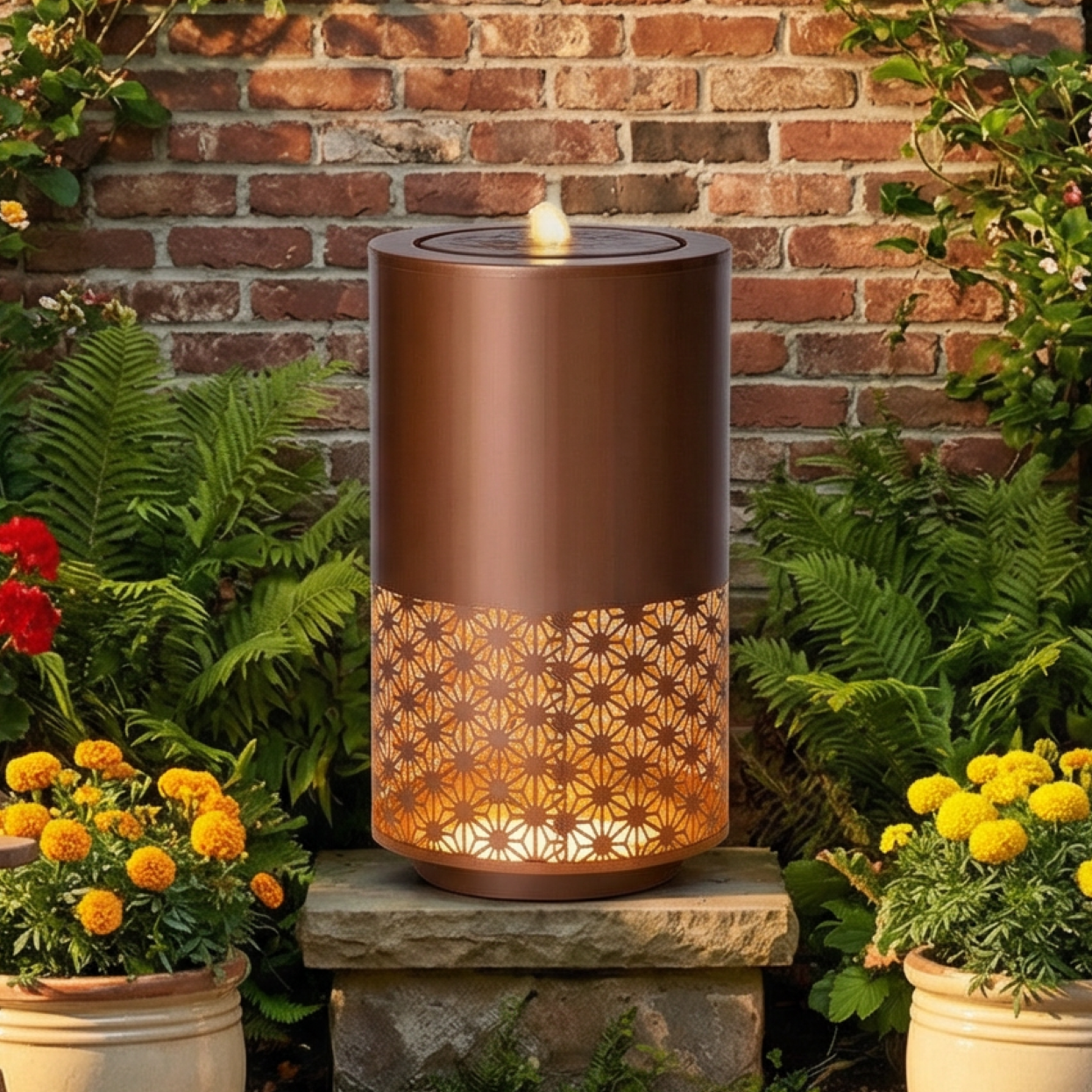 20.87 H Brown Metal Cutout Outdoor Water Fountain With LED Lights, Modern Freestanding Candle Style Water Feature For Patio  Decor