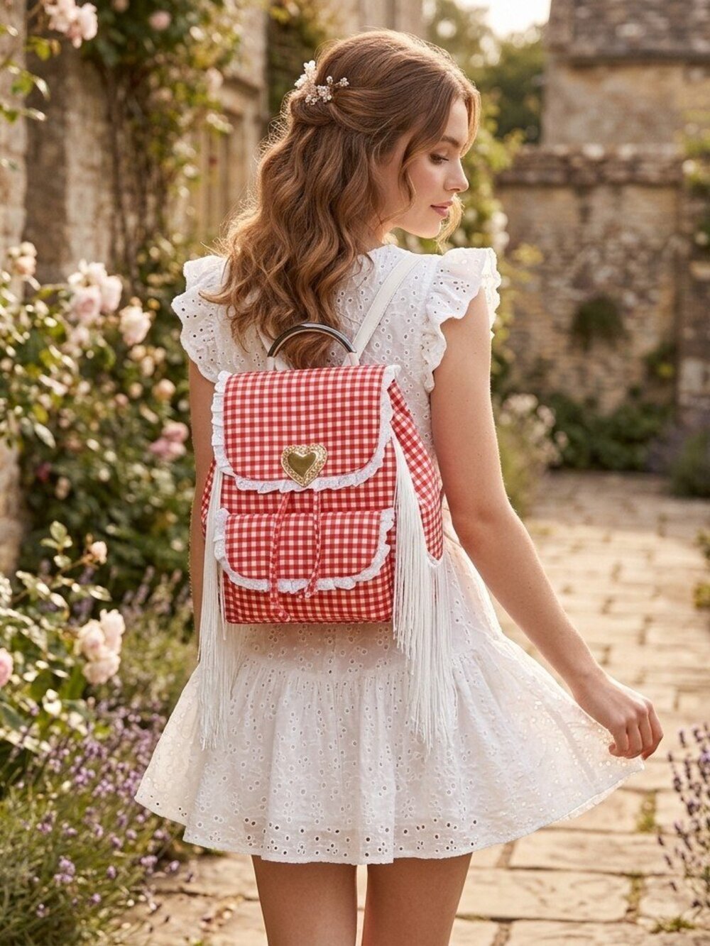 Gingham Seaside Sweetheart Fringe Backpack