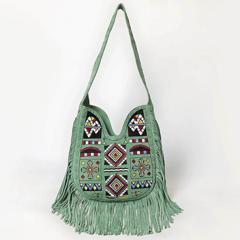 American Darling Green Fringe Genuine suede Shoulder Bag - Boho Tribal Embroidered Western Purse