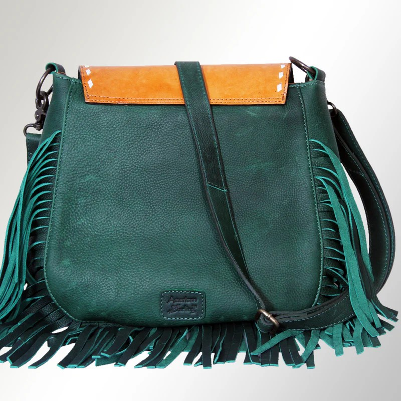 American Darling Tan & Green Tooled Leather Messenger Bag - Floral Design with Turquoise Accent and Fringe