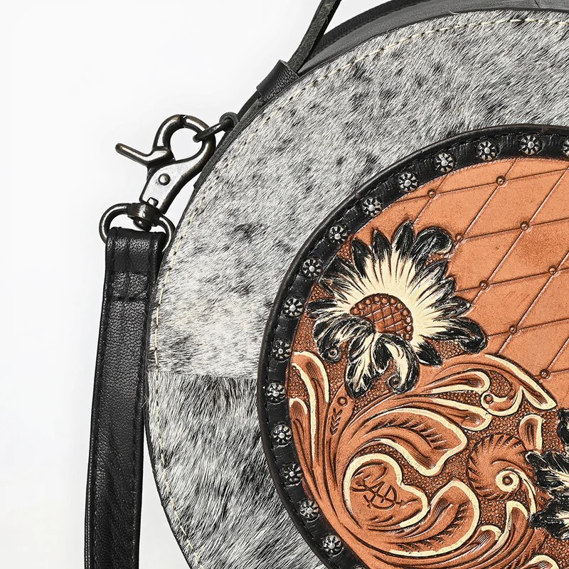 American American Darling Western Genuine Leather Canteen Bag with Hand-Tooled Detailing & Hair-On Accents-Turquoise or Black