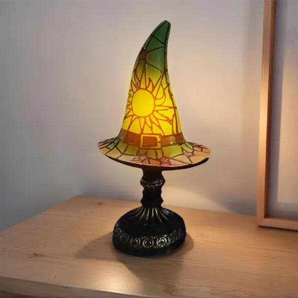 Witch Hat Lamps, Handcrafted Stained Glass Resin Wizard Hat Light Gothic Table Lamp For Halloween Decor, Spooky Night Light For Bedroom And Indoor Parties, Unique Wiccan Gift