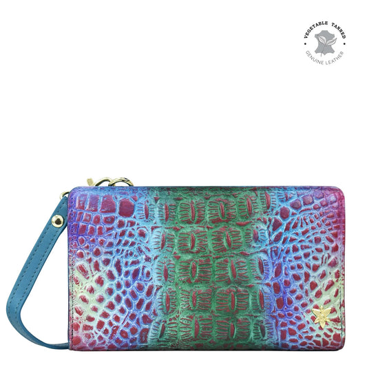 Anuschka croc embossed daydream pink green and lilac Organizer Wallet Crossbody - 1149