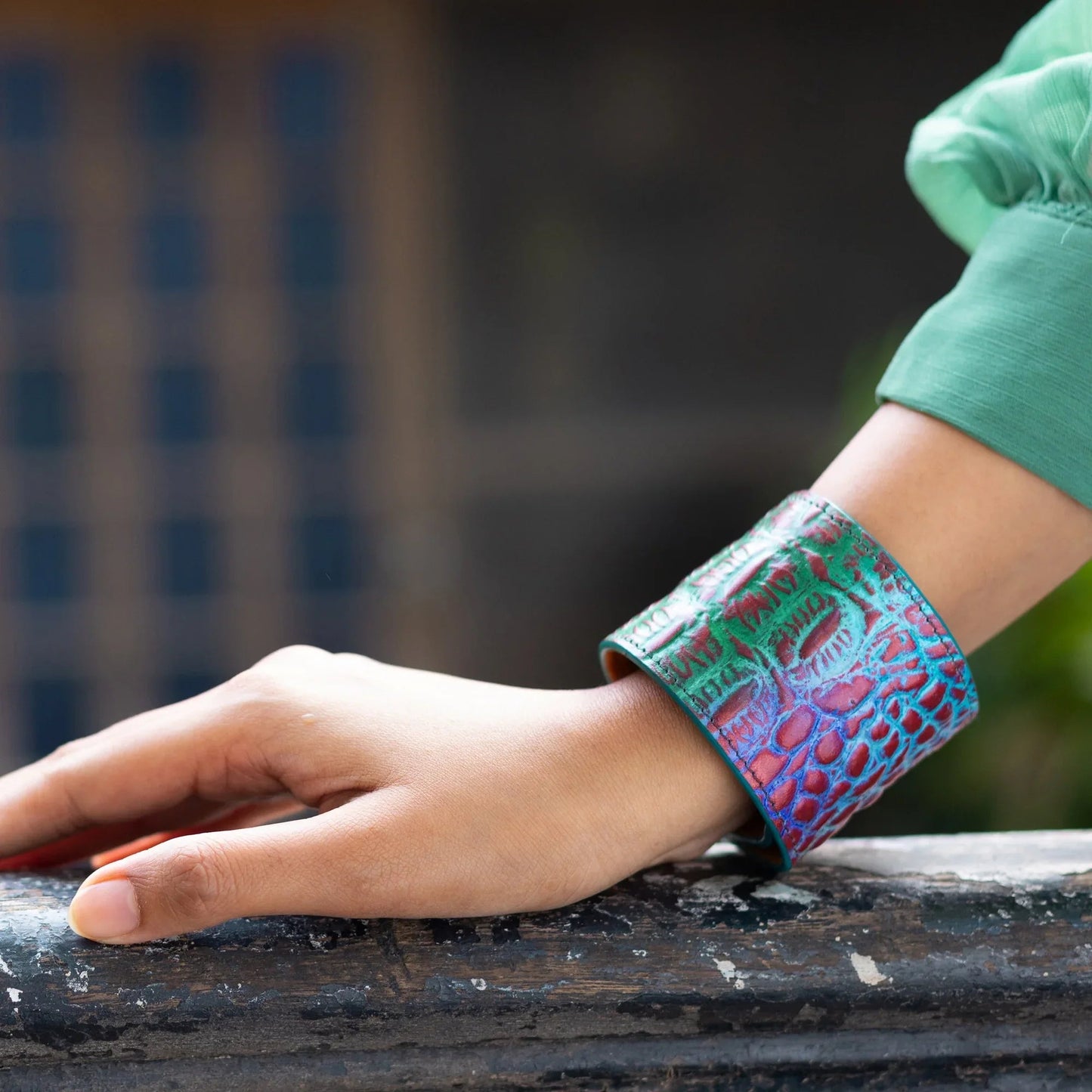 Anuschka Croc embosseed daydream ombre Painted Leather Cuff bracelet pink and green- 1176