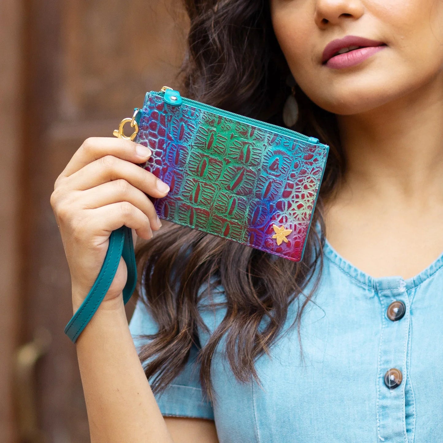 Anuschka Croc embossed daydream ombra pink green and lilac Card Holder with Wristlet - 1180