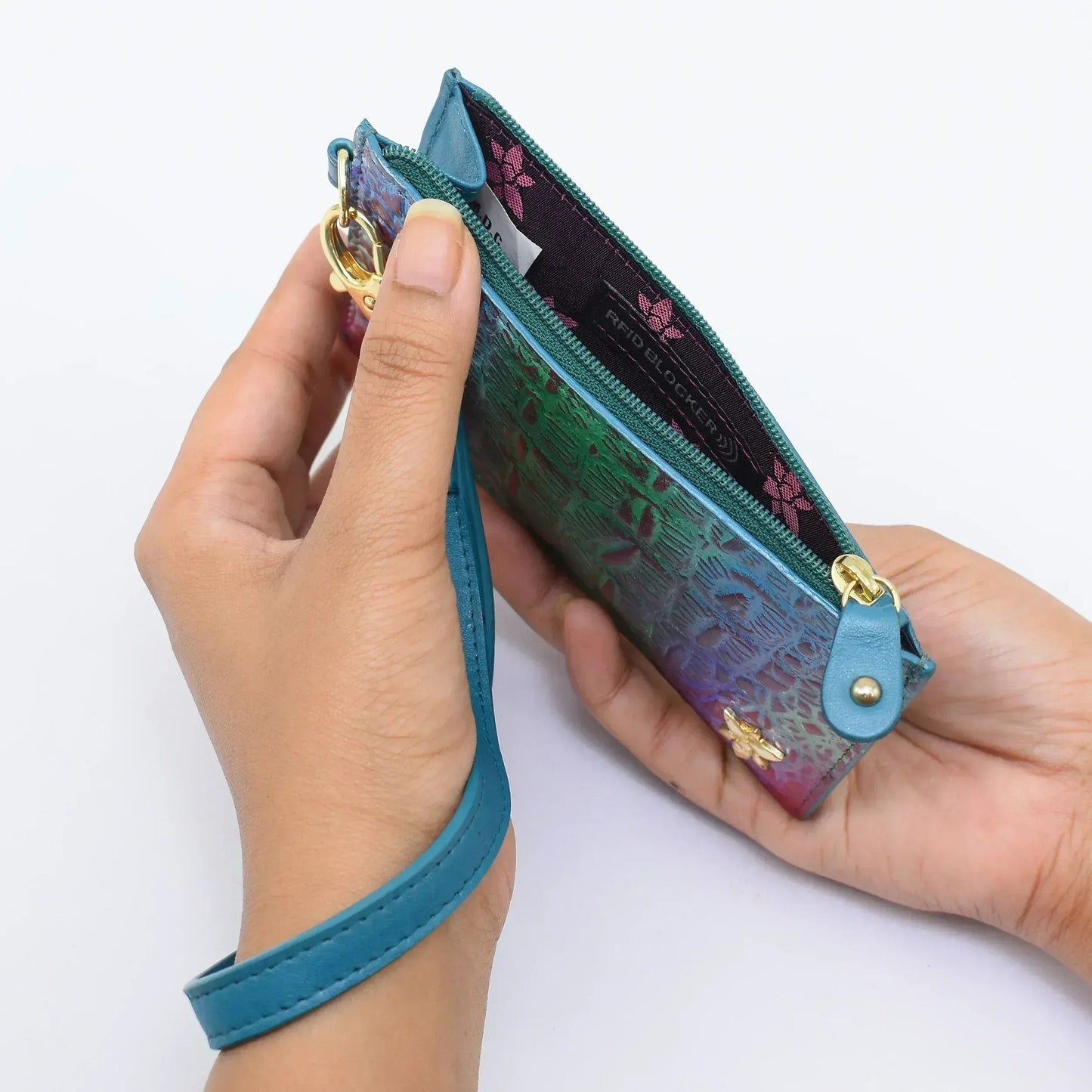 Anuschka Croc embossed daydream ombra pink green and lilac Card Holder with Wristlet - 1180