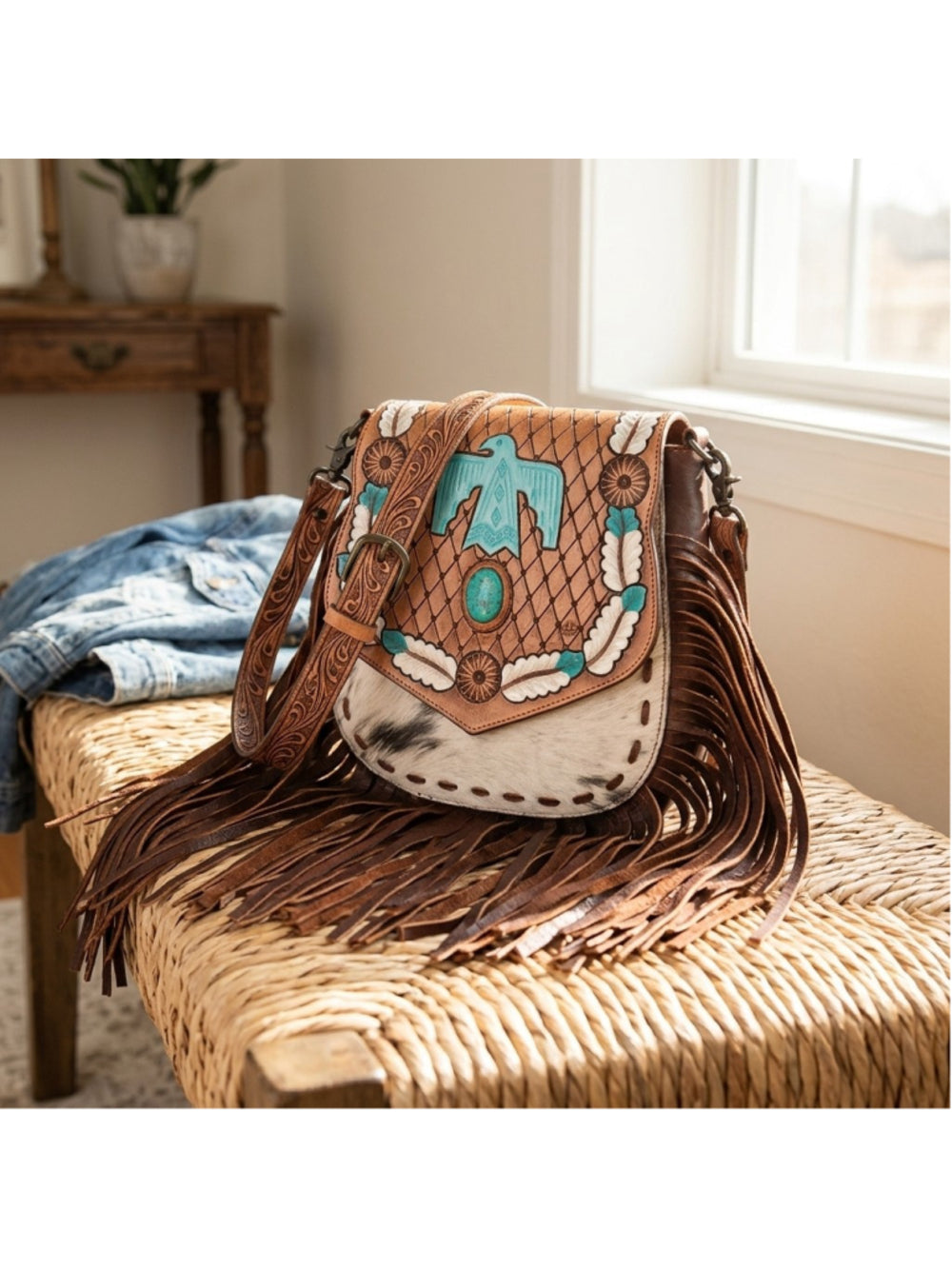 American Darling Turquoise Thunderbird Ridge Fringe Concho Crossbody