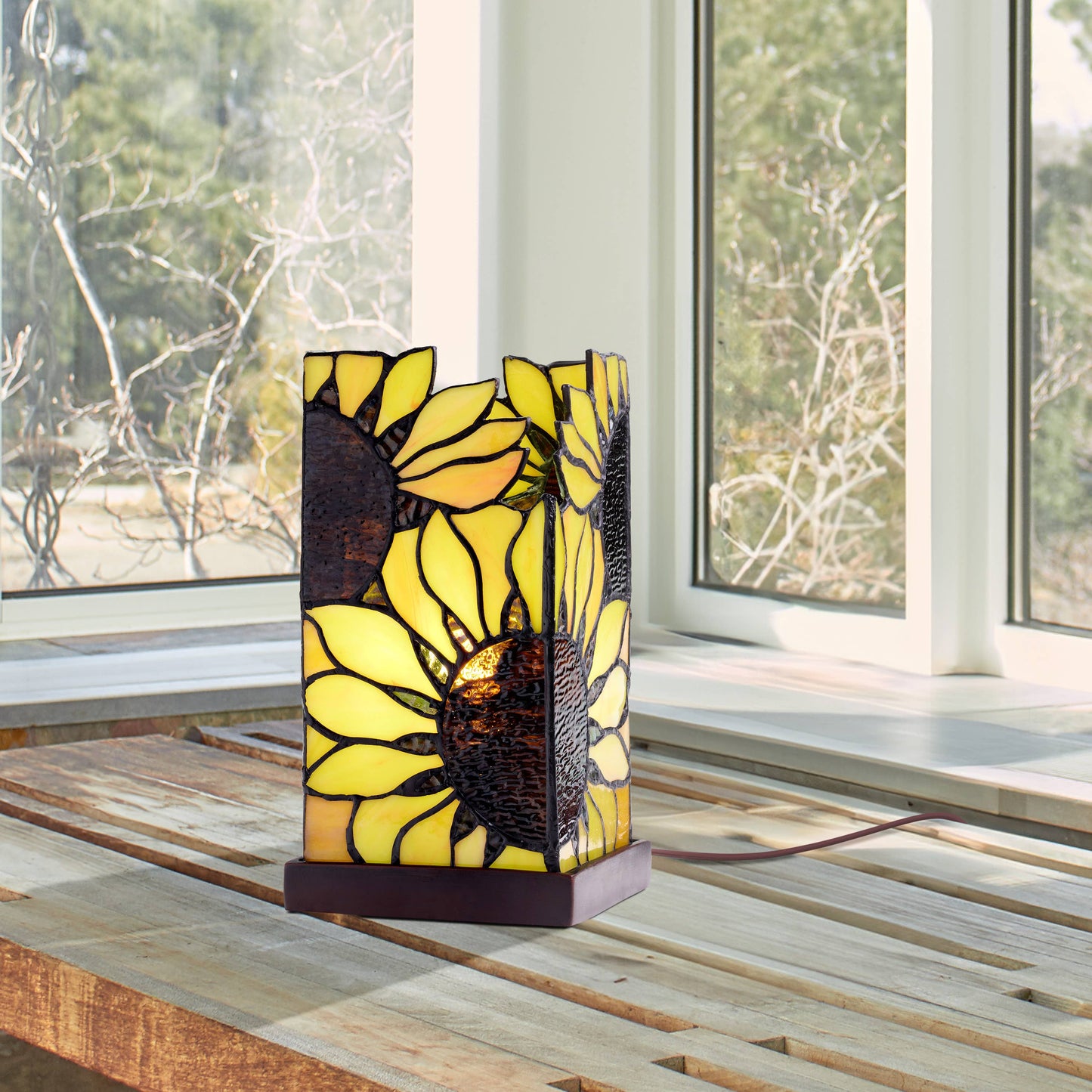 9.75"H Sunflower Rectangle Shade Hurricane stained glass  Accent Lamp