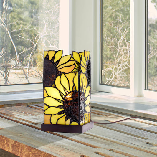 9.75"H Sunflower Rectangle Shade Hurricane stained glass  Accent Lamp