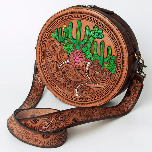 American Darling Hand Tooled Genuine Leather Floral Carved Cross body Canteen Bag- Sunrise over the Desert