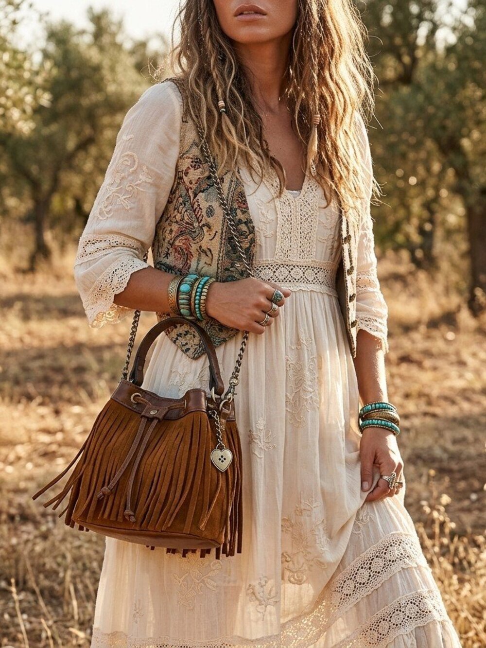 Patricia Nash Mini Elisa Chain Crossbody with Heart Charm - Suede Leather Fringe
