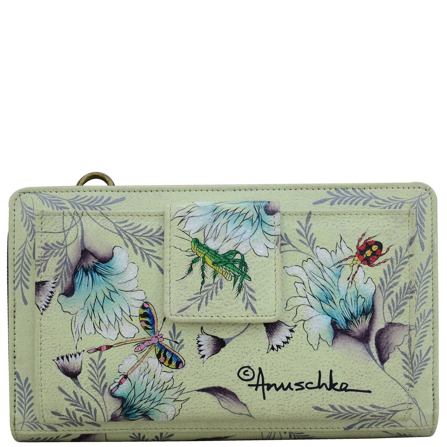 Anuschka Hand-Painted Leather Organizer Wallet Crossbody - 1149-sage green with butterfly and dragonfly