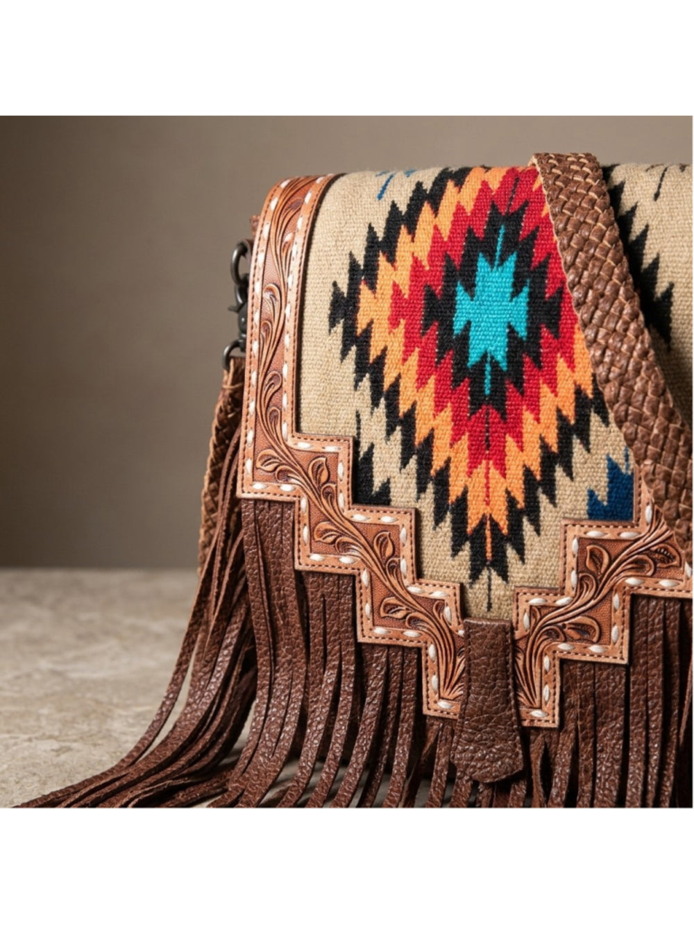 American Darling Black and Turquoise Dreams Saddle Blanket Fringe Crossbody Bag